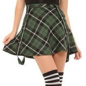 Royal Bones Green Plaid Mini Skater Skirt
